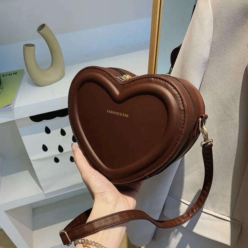 KIMLUD, Hot Sale Heart Shape Crossbody Bags For Women Solid Pu Leather Shoulder Bags Fashion Handbags, Coffee / 20x15x7cm, KIMLUD Womens Clothes