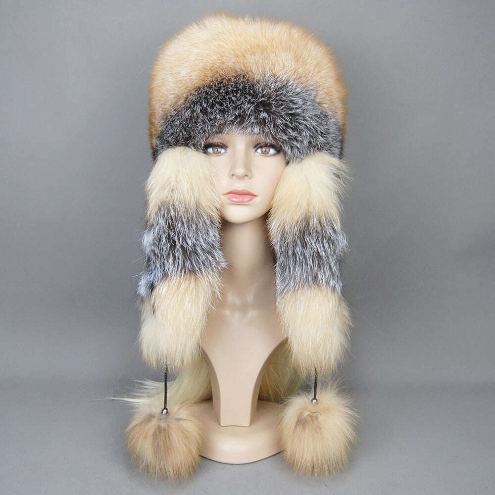 KIMLUD, Hot Sale Lady Winter Warm Luxury 100% Natural Fox Fur Hat Fashion Fluffy Fox Fur Rex Rabbit Fur Caps Women Real Fur Bomber Hats, KIMLUD Womens Clothes