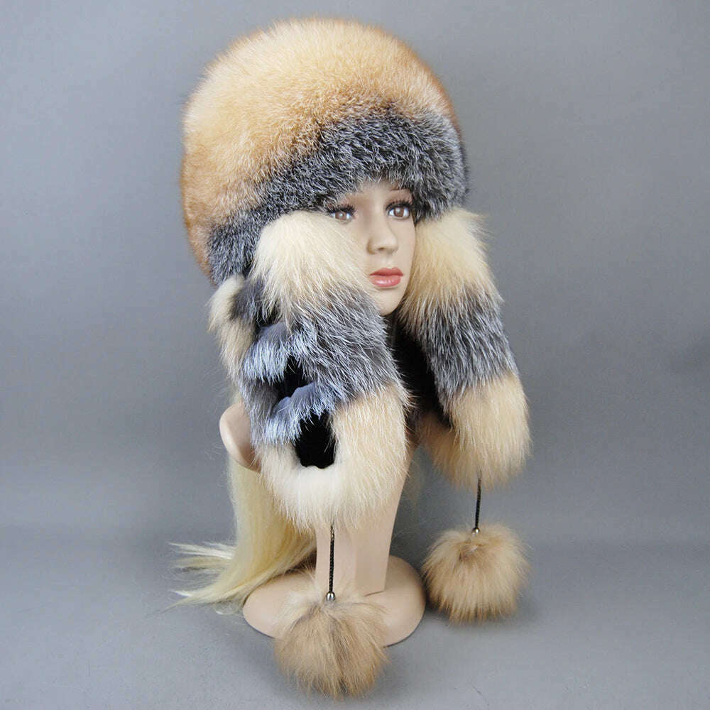 KIMLUD, Hot Sale Lady Winter Warm Luxury 100% Natural Fox Fur Hat Fashion Fluffy Fox Fur Rex Rabbit Fur Caps Women Real Fur Bomber Hats, KIMLUD Womens Clothes