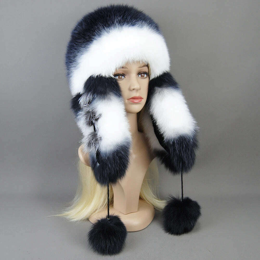 KIMLUD, Hot Sale Lady Winter Warm Luxury 100% Natural Fox Fur Hat Fashion Fluffy Fox Fur Rex Rabbit Fur Caps Women Real Fur Bomber Hats, KIMLUD Womens Clothes