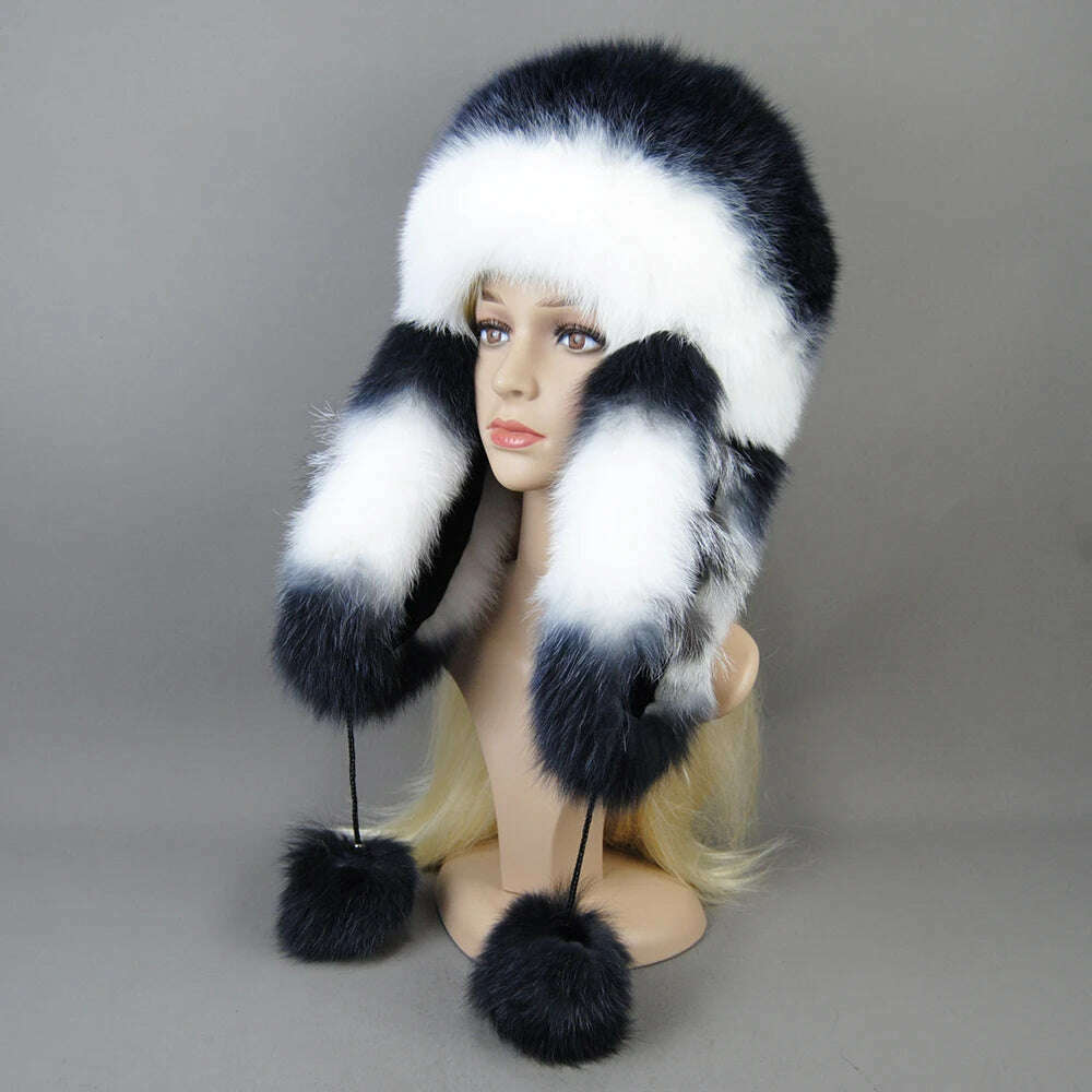 KIMLUD, Hot Sale Lady Winter Warm Luxury 100% Natural Fox Fur Hat Fashion Fluffy Fox Fur Rex Rabbit Fur Caps Women Real Fur Bomber Hats, KIMLUD Women's Clothes