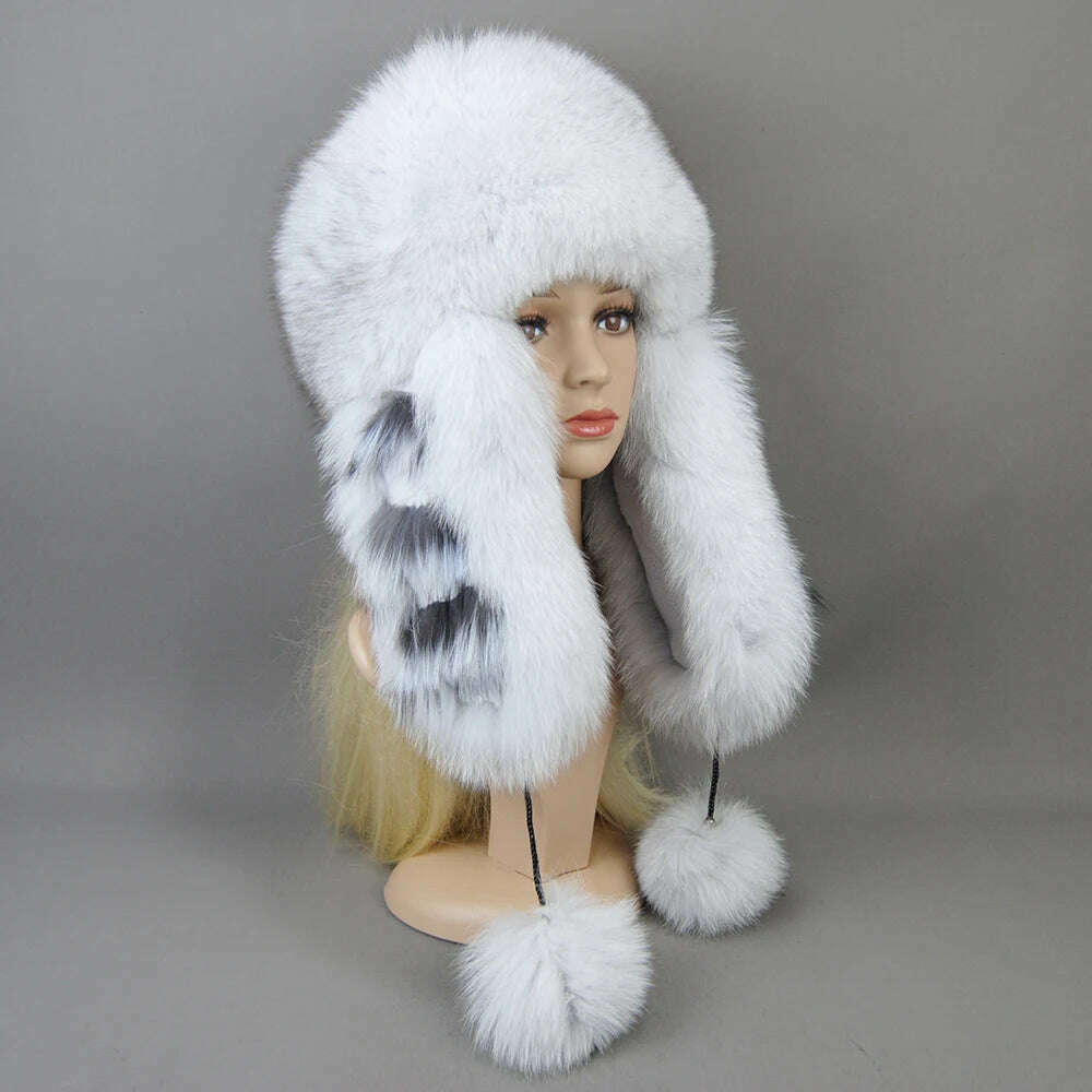 KIMLUD, Hot Sale Lady Winter Warm Luxury 100% Natural Fox Fur Hat Fashion Fluffy Fox Fur Rex Rabbit Fur Caps Women Real Fur Bomber Hats, Natural fox white / Adjustable, KIMLUD Women's Clothes