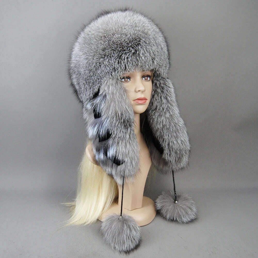 KIMLUD, Hot Sale Lady Winter Warm Luxury 100% Natural Fox Fur Hat Fashion Fluffy Fox Fur Rex Rabbit Fur Caps Women Real Fur Bomber Hats, silver blue / Adjustable, KIMLUD Women's Clothes