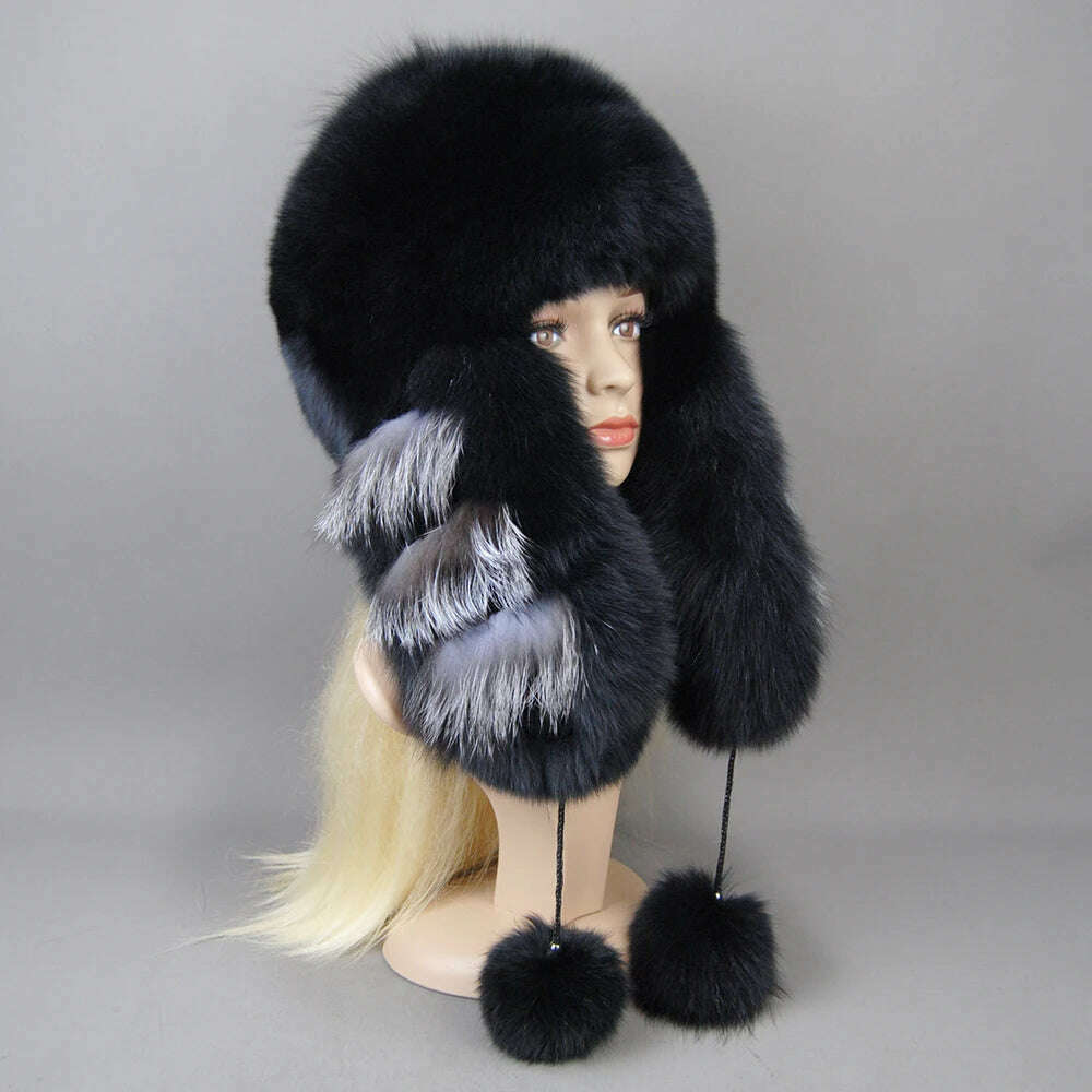 KIMLUD, Hot Sale Lady Winter Warm Luxury 100% Natural Fox Fur Hat Fashion Fluffy Fox Fur Rex Rabbit Fur Caps Women Real Fur Bomber Hats, black / Adjustable, KIMLUD Women's Clothes