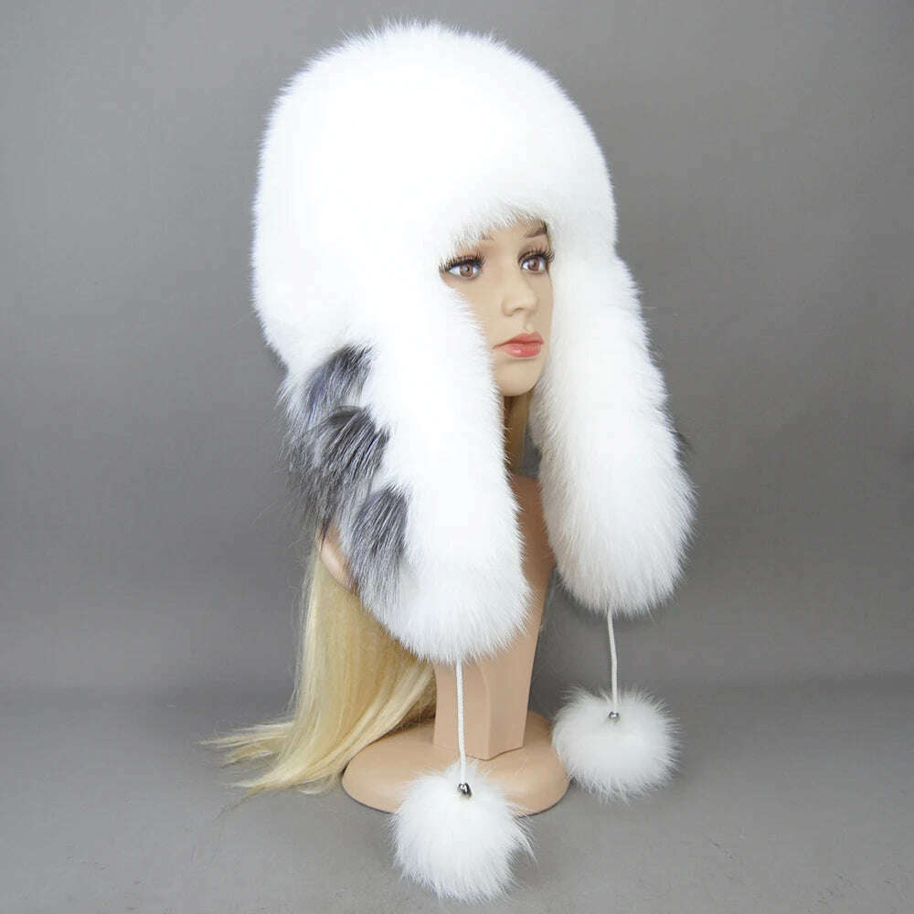 KIMLUD, Hot Sale Lady Winter Warm Luxury 100% Natural Fox Fur Hat Fashion Fluffy Fox Fur Rex Rabbit Fur Caps Women Real Fur Bomber Hats, white / Adjustable, KIMLUD Womens Clothes