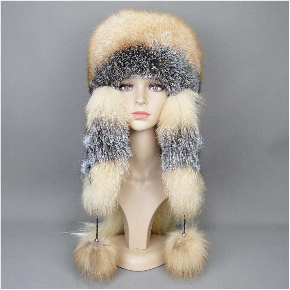 KIMLUD, Hot Sale Lady Winter Warm Luxury 100% Natural Fox Fur Hat Fashion Fluffy Fox Fur Rex Rabbit Fur Caps Women Real Fur Bomber Hats, KIMLUD Womens Clothes