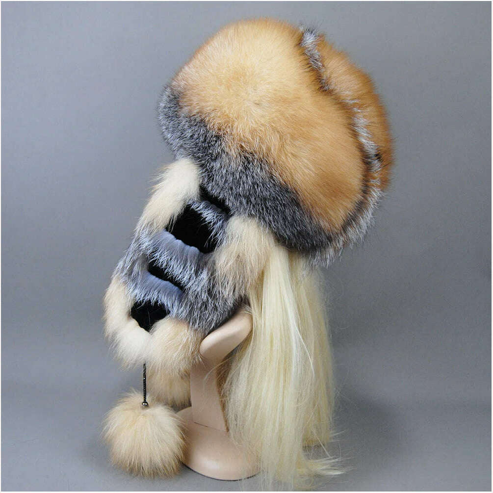 KIMLUD, Hot Sale Lady Winter Warm Luxury 100% Natural Fox Fur Hat Fashion Fluffy Fox Fur Rex Rabbit Fur Caps Women Real Fur Bomber Hats, KIMLUD Women's Clothes