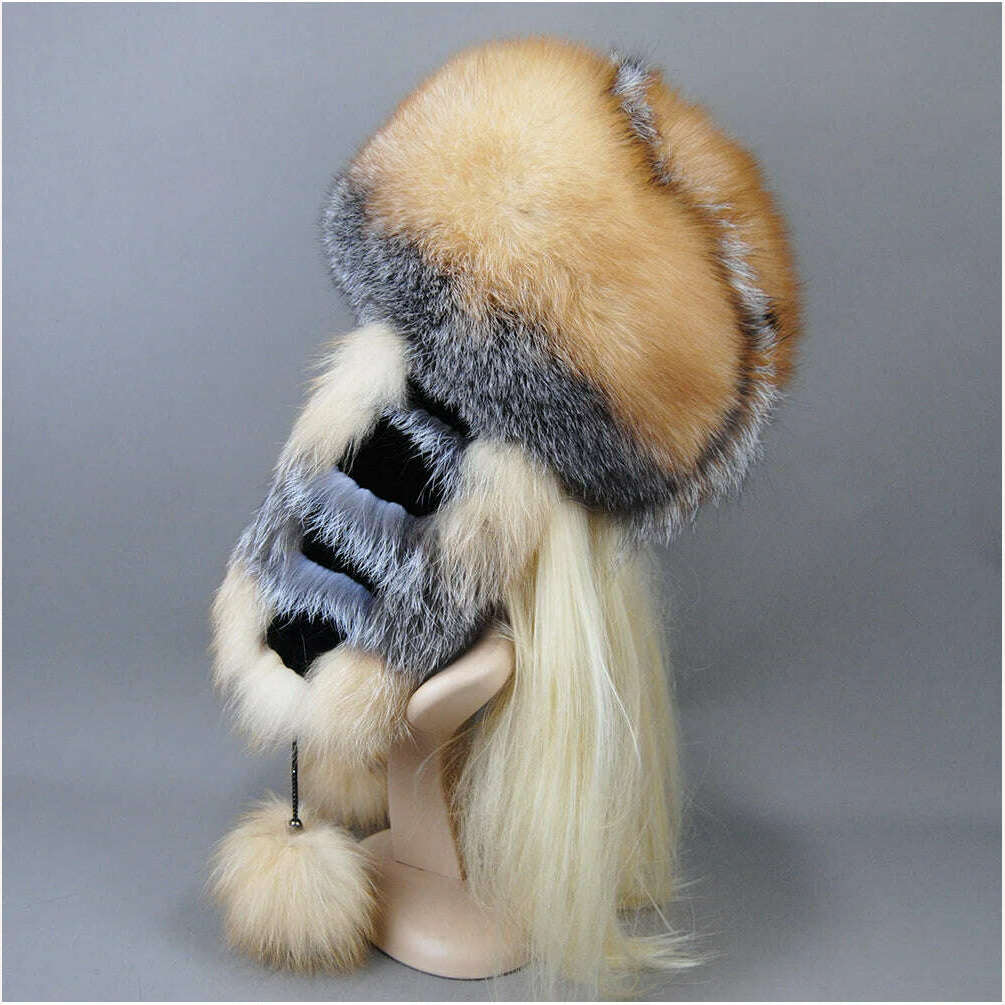 KIMLUD, Hot Sale Lady Winter Warm Luxury 100% Natural Fox Fur Hat Fashion Fluffy Fox Fur Rex Rabbit Fur Caps Women Real Fur Bomber Hats, KIMLUD Womens Clothes