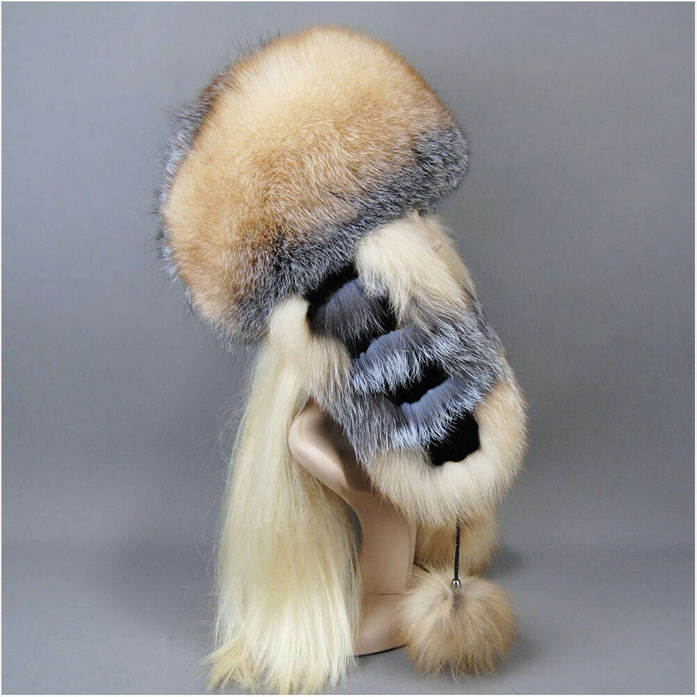KIMLUD, Hot Sale Lady Winter Warm Luxury 100% Natural Fox Fur Hat Fashion Fluffy Fox Fur Rex Rabbit Fur Caps Women Real Fur Bomber Hats, KIMLUD Womens Clothes