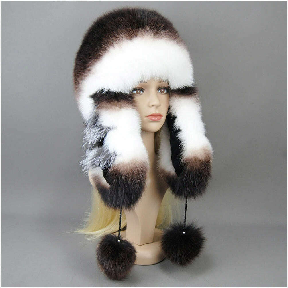 KIMLUD, Hot Sale Lady Winter Warm Luxury 100% Natural Fox Fur Hat Fashion Fluffy Fox Fur Rex Rabbit Fur Caps Women Real Fur Bomber Hats, KIMLUD Womens Clothes