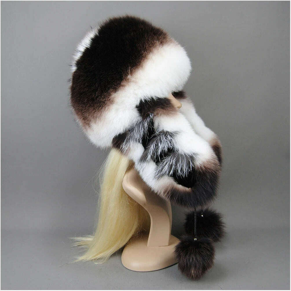 KIMLUD, Hot Sale Lady Winter Warm Luxury 100% Natural Fox Fur Hat Fashion Fluffy Fox Fur Rex Rabbit Fur Caps Women Real Fur Bomber Hats, KIMLUD Womens Clothes