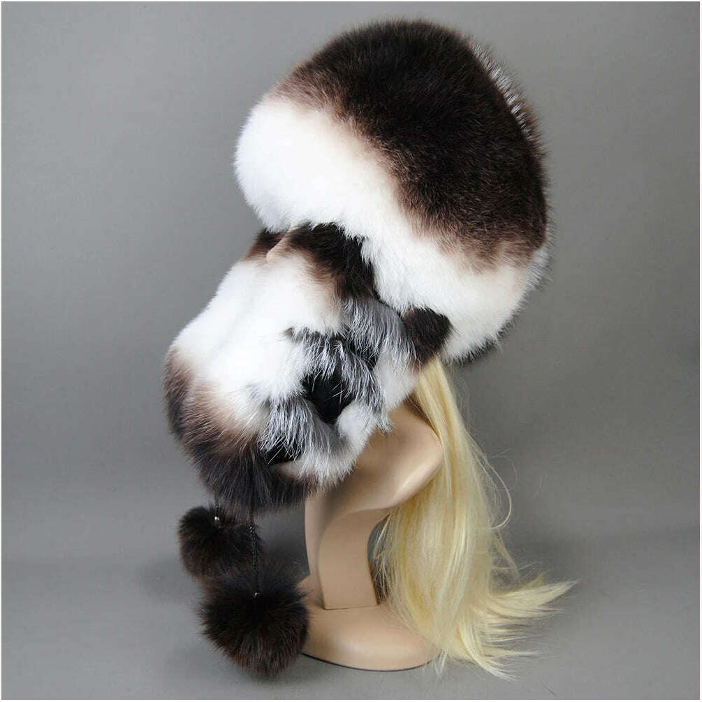 KIMLUD, Hot Sale Lady Winter Warm Luxury 100% Natural Fox Fur Hat Fashion Fluffy Fox Fur Rex Rabbit Fur Caps Women Real Fur Bomber Hats, KIMLUD Womens Clothes