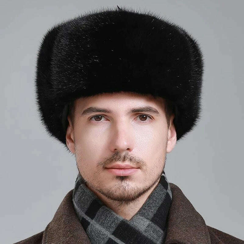KIMLUD, Hot Sale Men Quality 100% Natural Mink Fur Hat Winter Man Super Warm Real Mink Fur Cap Male Real Sheepskin Leather Bomber Hats, KIMLUD Women's Clothes