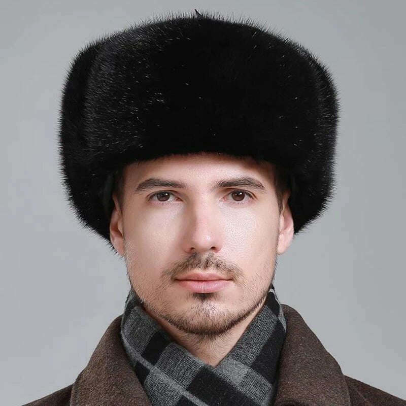 Hot Sale Men Quality 100% Natural Mink Fur Hat Winter Man Super Warm Real Mink Fur Cap Male Real Sheepskin Leather Bomber Hats - KIMLUD
