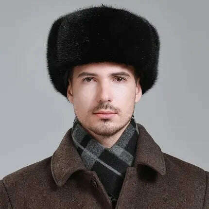 KIMLUD, Hot Sale Men Quality 100% Natural Mink Fur Hat Winter Man Super Warm Real Mink Fur Cap Male Real Sheepskin Leather Bomber Hats, black / 55cm-56cm, KIMLUD Womens Clothes