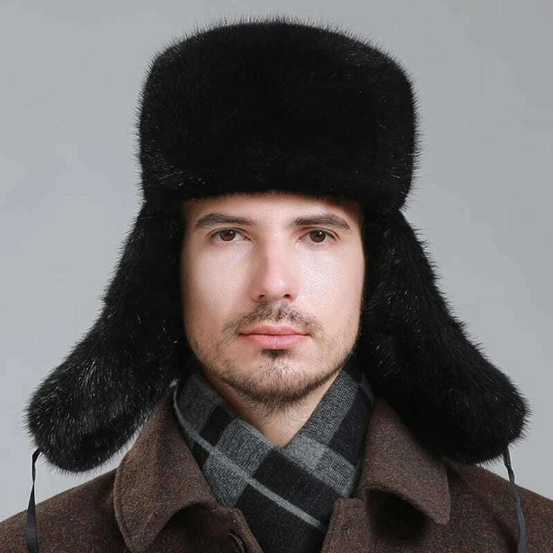 KIMLUD, Hot Sale Men Quality 100% Natural Mink Fur Hat Winter Man Super Warm Real Mink Fur Cap Male Real Sheepskin Leather Bomber Hats, KIMLUD Womens Clothes