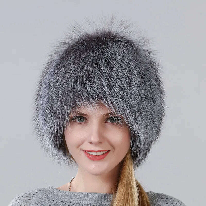KIMLUD, Hot Sale Winter Hat 100% Real Natural Silver Fox Fur Women's Knitted Fur Cap Women Hat Fox Fur Hat Female Ear Warm Winter Must, KIMLUD Women's Clothes