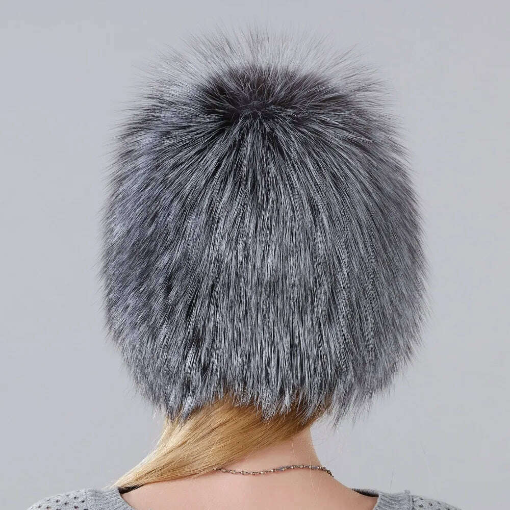 KIMLUD, Hot Sale Winter Hat 100% Real Natural Silver Fox Fur Women's Knitted Fur Cap Women Hat Fox Fur Hat Female Ear Warm Winter Must, KIMLUD Womens Clothes