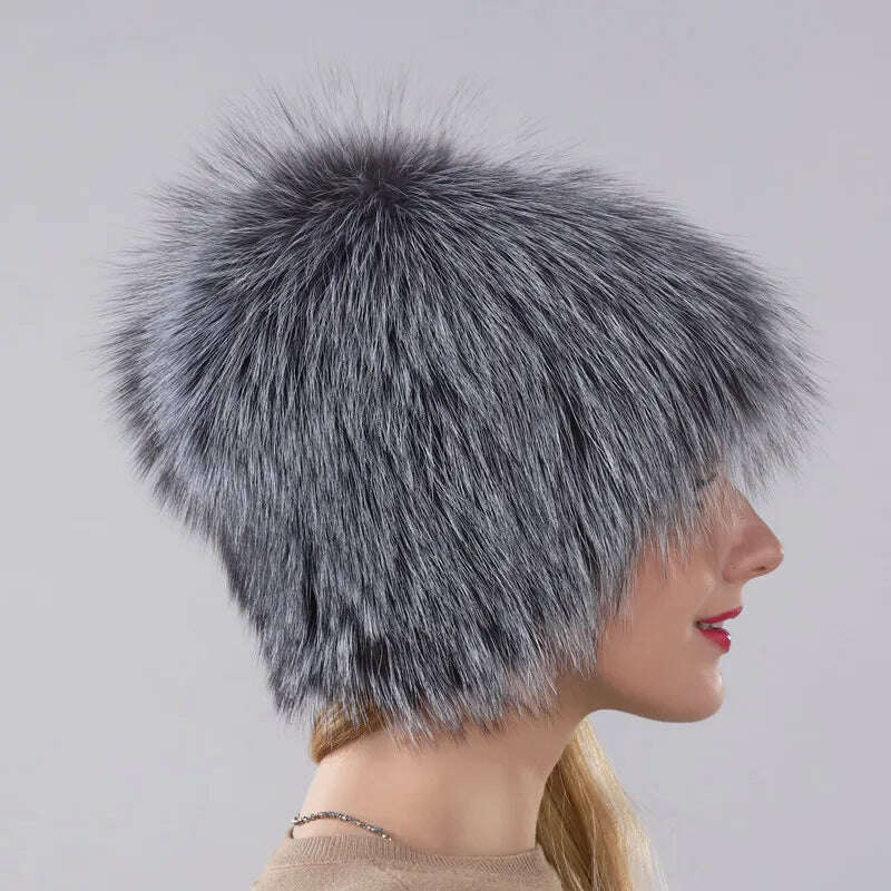 KIMLUD, Hot Sale Winter Hat 100% Real Natural Silver Fox Fur Women's Knitted Fur Cap Women Hat Fox Fur Hat Female Ear Warm Winter Must, KIMLUD Womens Clothes