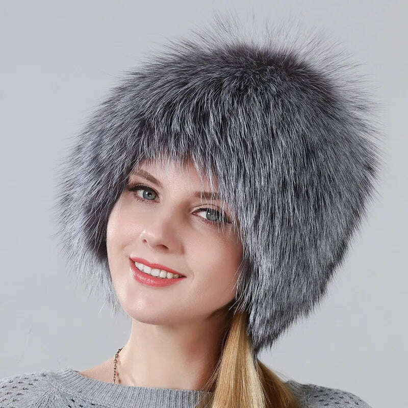 KIMLUD, Hot Sale Winter Hat 100% Real Natural Silver Fox Fur Women's Knitted Fur Cap Women Hat Fox Fur Hat Female Ear Warm Winter Must, KIMLUD Womens Clothes
