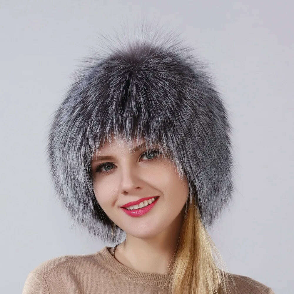 KIMLUD, Hot Sale Winter Hat 100% Real Natural Silver Fox Fur Women's Knitted Fur Cap Women Hat Fox Fur Hat Female Ear Warm Winter Must, KIMLUD Womens Clothes