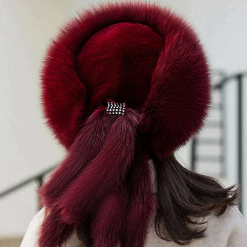 KIMLUD, Hot sale Winter Luxury Real Fox Fur Hats For Russian Women Thick Warm Beanie Lady Hat Natural Fluffy Fox Fur Caps With Tail, wine / Adjustable, KIMLUD APPAREL - Womens Clothes