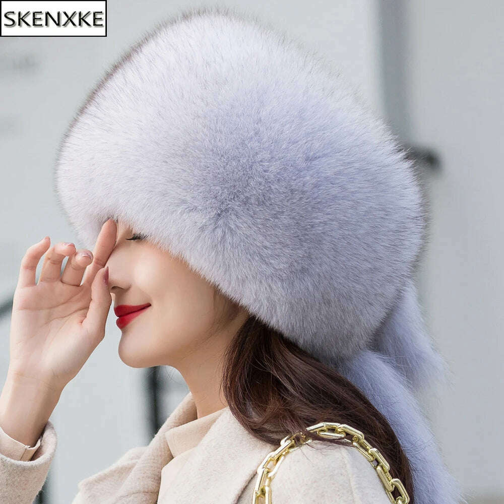 KIMLUD, Hot sale Winter Luxury Real Fox Fur Hats For Russian Women Thick Warm Beanie Lady Hat Natural Fluffy Fox Fur Caps With Tail, KIMLUD Womens Clothes