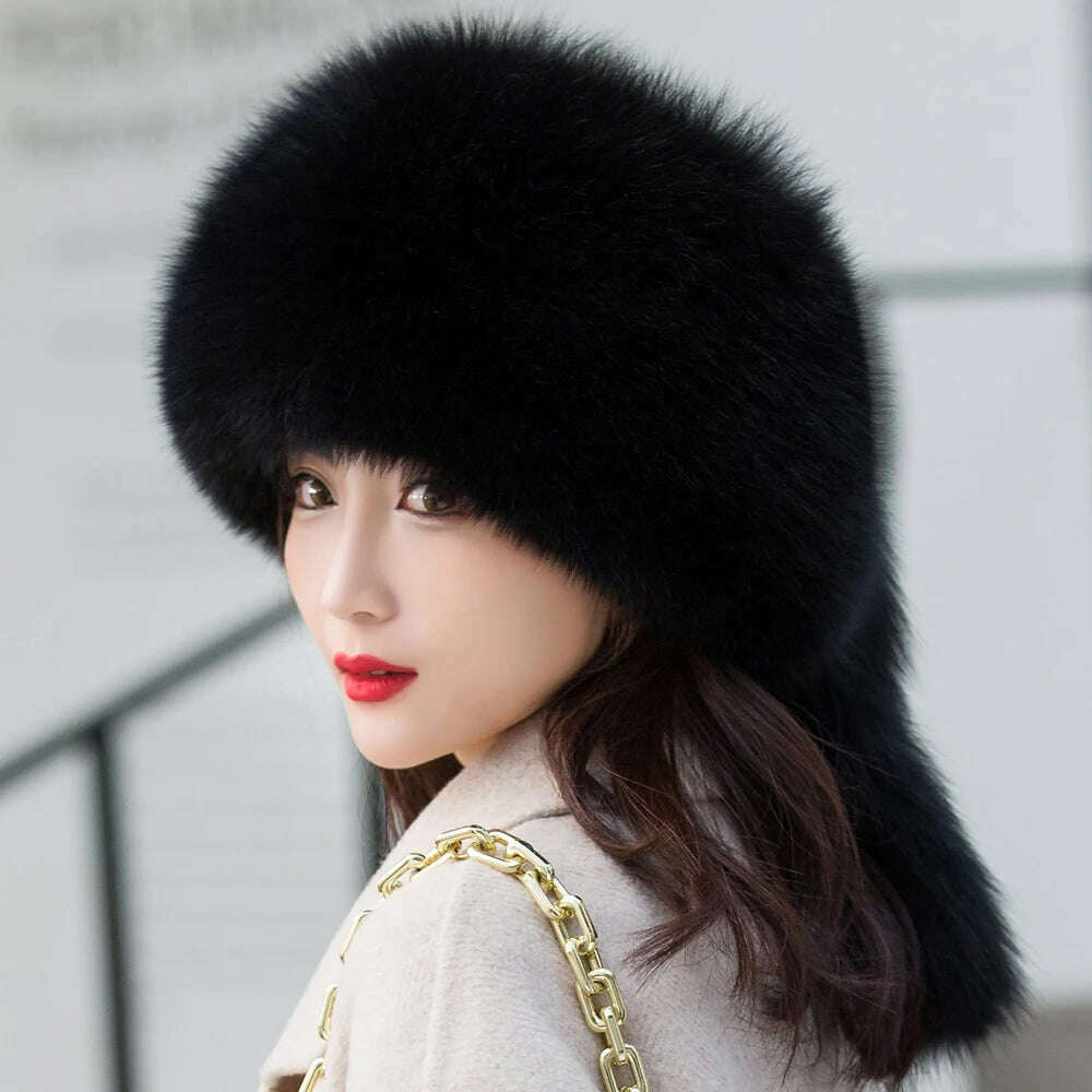 KIMLUD, Hot sale Winter Luxury Real Fox Fur Hats For Russian Women Thick Warm Beanie Lady Hat Natural Fluffy Fox Fur Caps With Tail, KIMLUD Womens Clothes