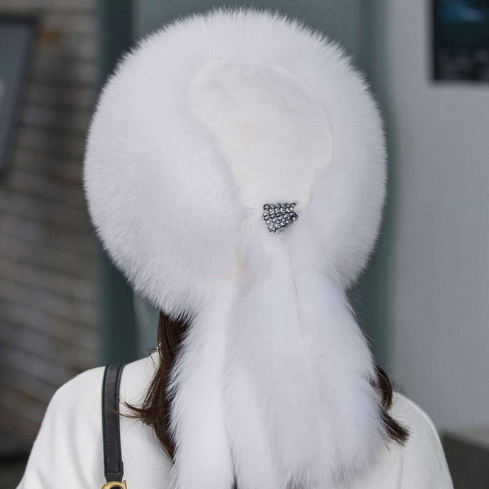 KIMLUD, Hot sale Winter Luxury Real Fox Fur Hats For Russian Women Thick Warm Beanie Lady Hat Natural Fluffy Fox Fur Caps With Tail, KIMLUD Womens Clothes