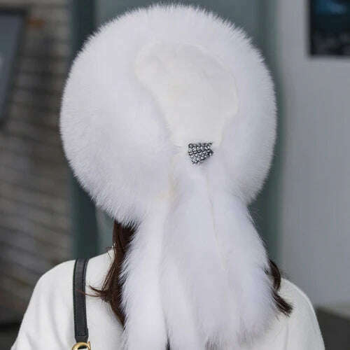 KIMLUD, Hot sale Winter Luxury Real Fox Fur Hats For Russian Women Thick Warm Beanie Lady Hat Natural Fluffy Fox Fur Caps With Tail, white / Adjustable, KIMLUD Womens Clothes