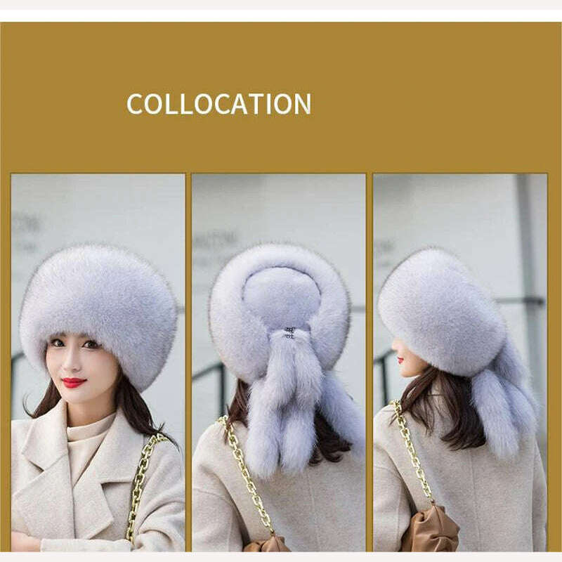 KIMLUD, Hot sale Winter Luxury Real Fox Fur Hats For Russian Women Thick Warm Beanie Lady Hat Natural Fluffy Fox Fur Caps With Tail, KIMLUD Womens Clothes