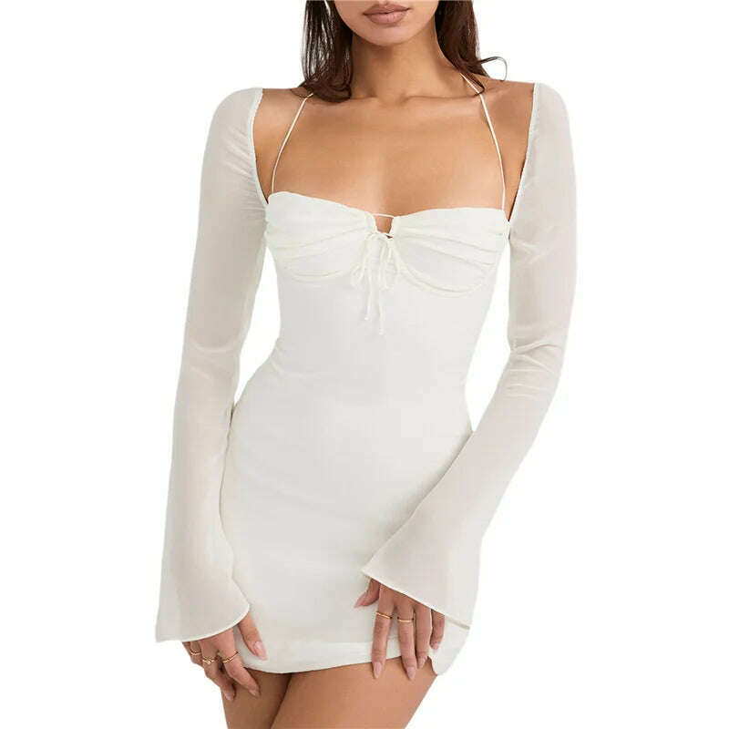 Hot Sale Women's Halter Bodycon Mini Dress, Long Sleeve Ruched Bust Solid Color Sexy Club Dress, Blak/Brown/Pink/White, S/M/L - KIMLUD