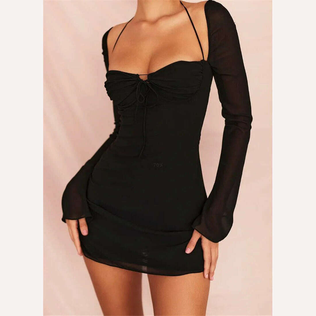 Hot Sale Women's Halter Bodycon Mini Dress, Long Sleeve Ruched Bust Solid Color Sexy Club Dress, Blak/Brown/Pink/White, S/M/L - KIMLUD