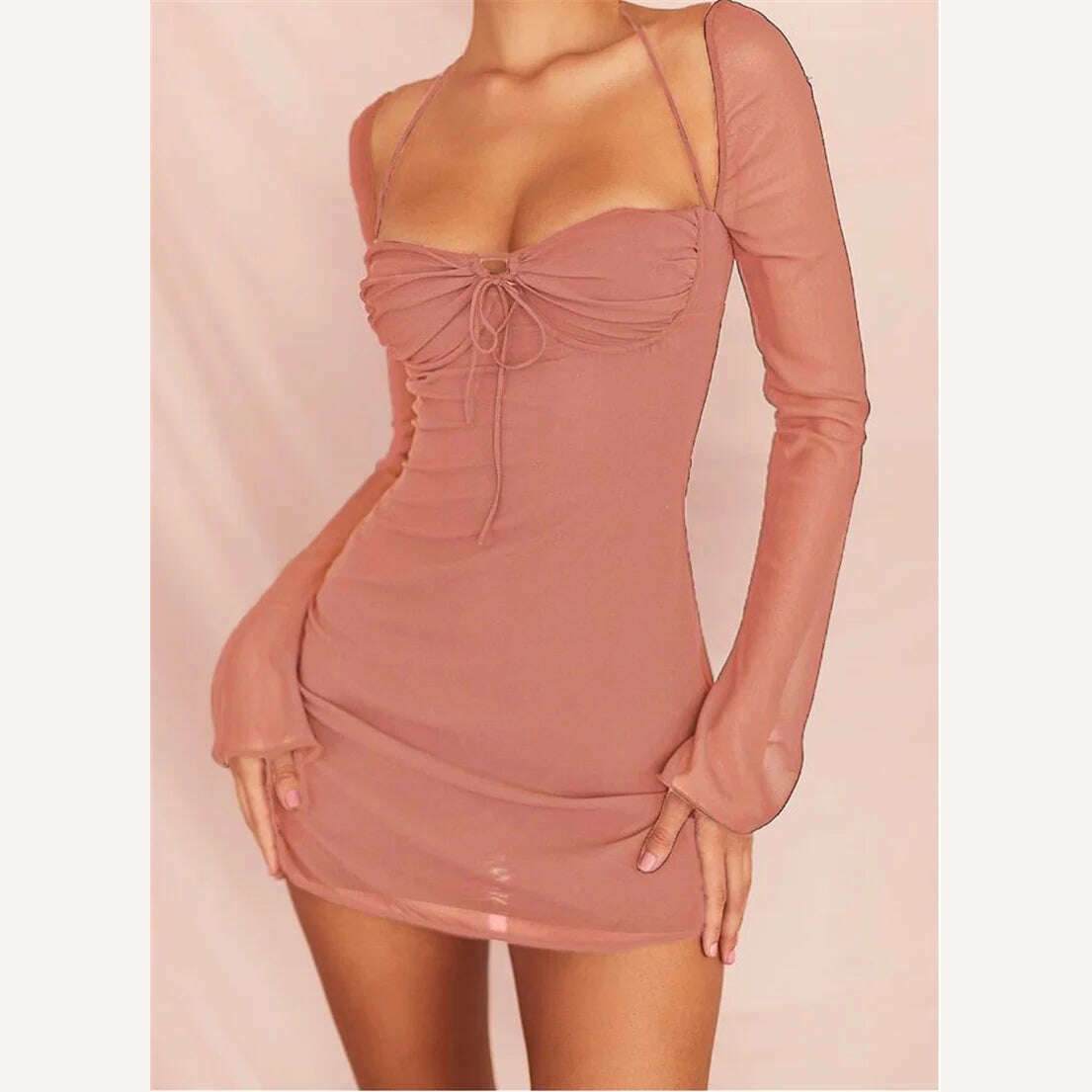 Hot Sale Women's Halter Bodycon Mini Dress, Long Sleeve Ruched Bust Solid Color Sexy Club Dress, Blak/Brown/Pink/White, S/M/L - KIMLUD