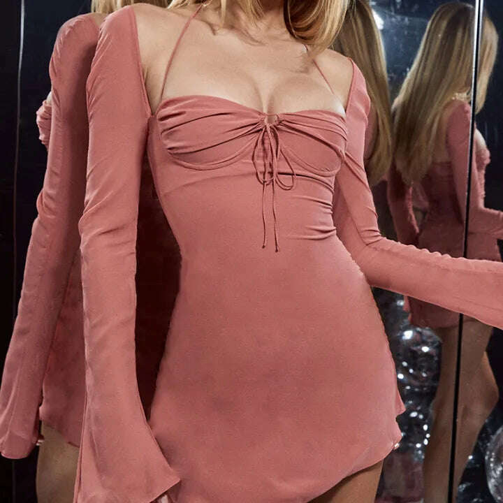 Hot Sale Women's Halter Bodycon Mini Dress, Long Sleeve Ruched Bust Solid Color Sexy Club Dress, Blak/Brown/Pink/White, S/M/L - KIMLUD