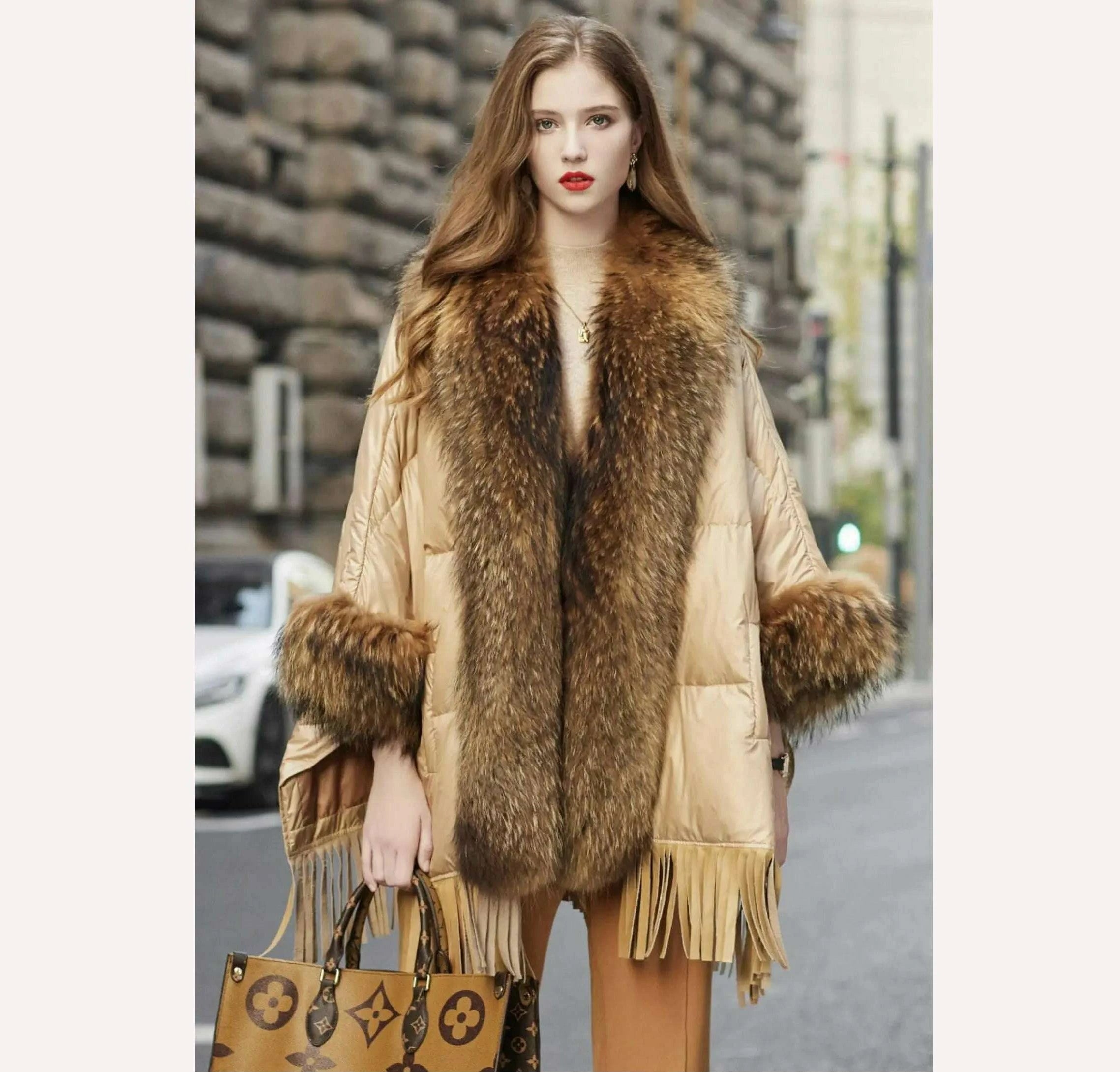 KIMLUD, Hot Sales 2023 European Trend Fashion American Raccoon Fur Coat Fashion Cloak Goose Down Down Coat Women's Winter Jacket, KIMLUD Womens Clothes