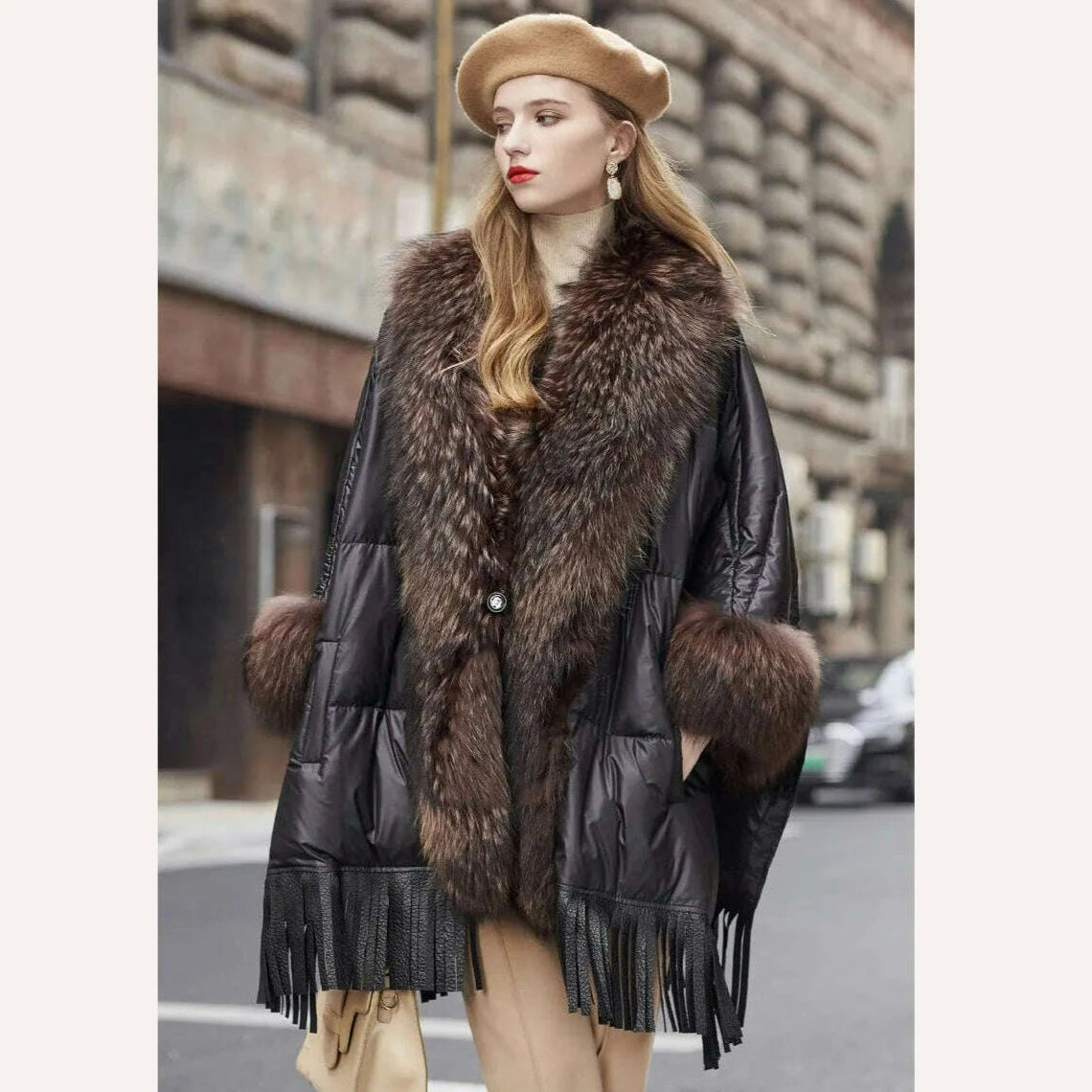 KIMLUD, Hot Sales 2023 European Trend Fashion American Raccoon Fur Coat Fashion Cloak Goose Down Down Coat Women's Winter Jacket, Black / One size, KIMLUD Womens Clothes