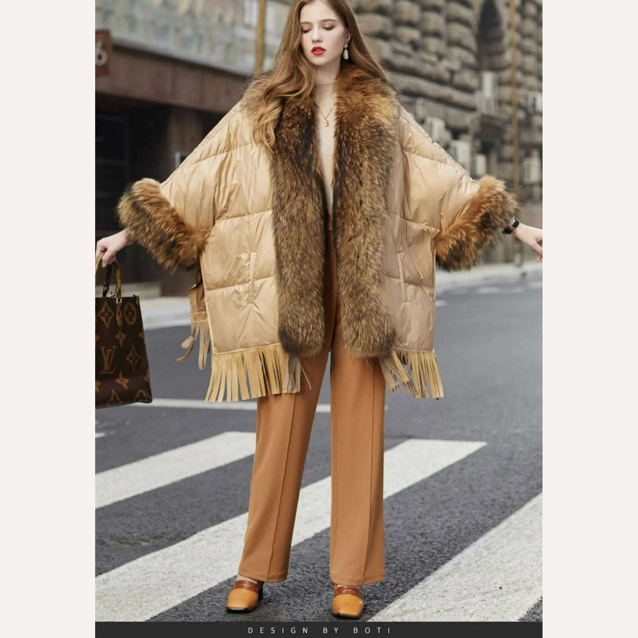 KIMLUD, Hot Sales 2023 European Trend Fashion American Raccoon Fur Coat Fashion Cloak Goose Down Down Coat Women's Winter Jacket, KIMLUD Womens Clothes