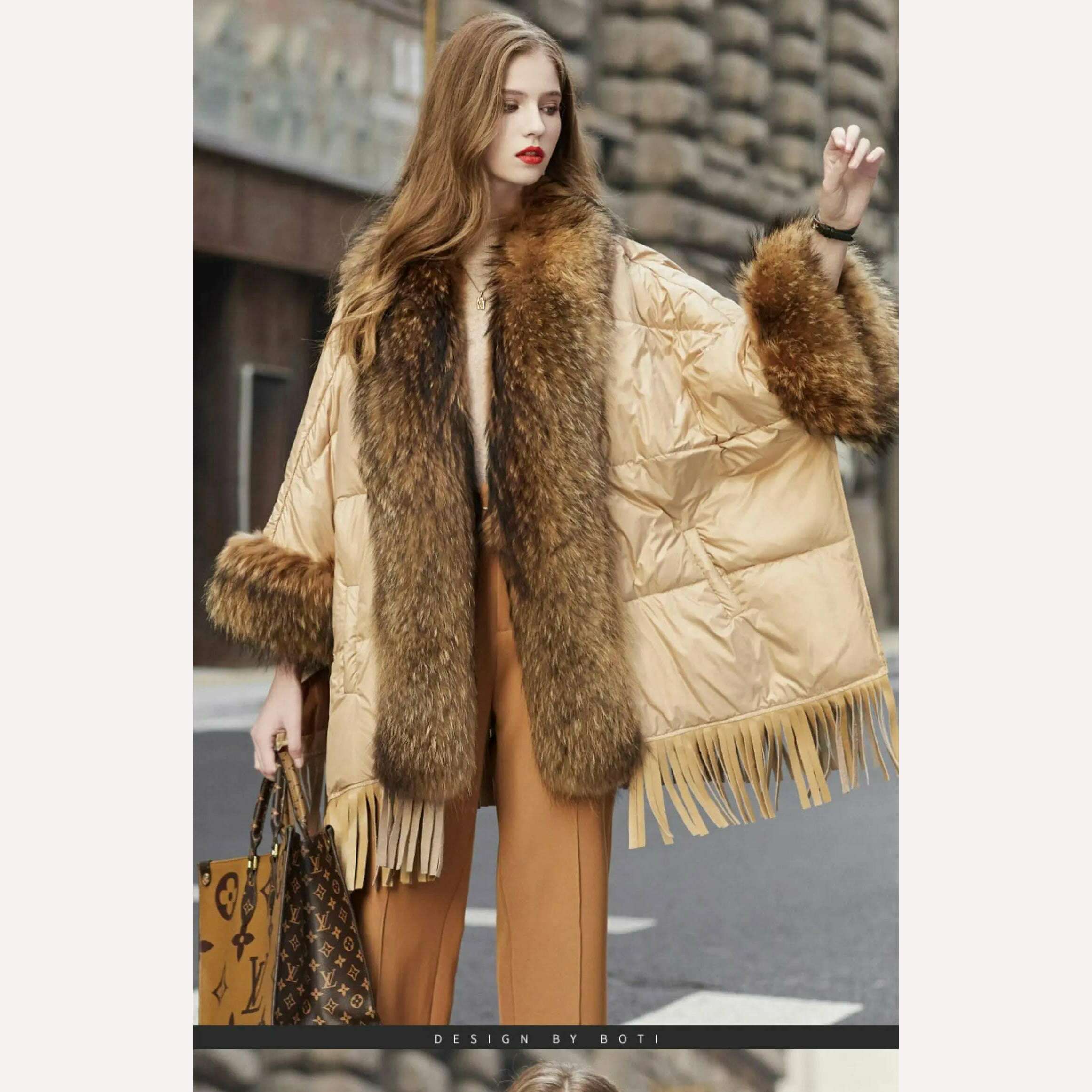 KIMLUD, Hot Sales 2023 European Trend Fashion American Raccoon Fur Coat Fashion Cloak Goose Down Down Coat Women's Winter Jacket, KIMLUD Womens Clothes