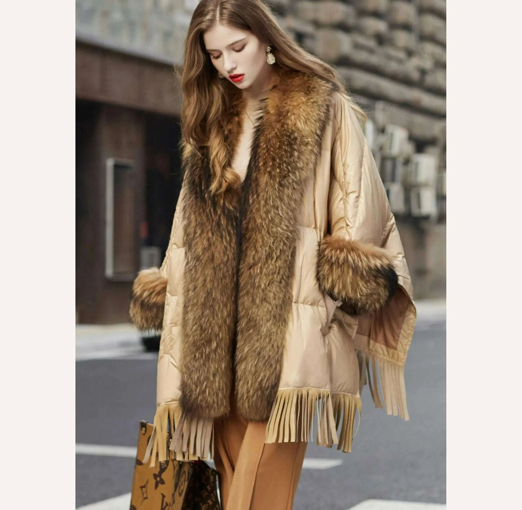 KIMLUD, Hot Sales 2023 European Trend Fashion American Raccoon Fur Coat Fashion Cloak Goose Down Down Coat Women's Winter Jacket, Khaki / One size, KIMLUD Womens Clothes
