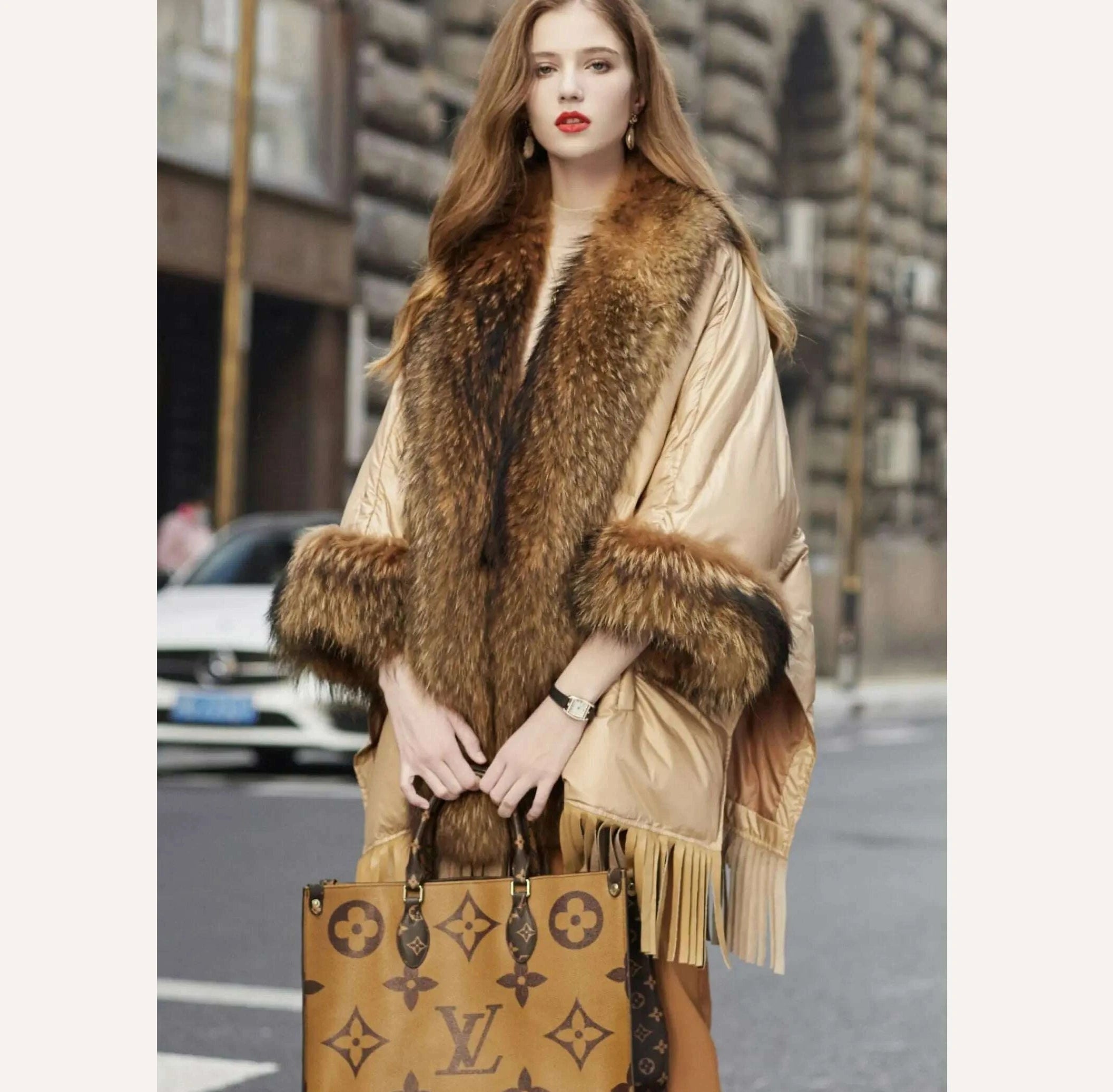 KIMLUD, Hot Sales 2023 European Trend Fashion American Raccoon Fur Coat Fashion Cloak Goose Down Down Coat Women's Winter Jacket, KIMLUD Womens Clothes