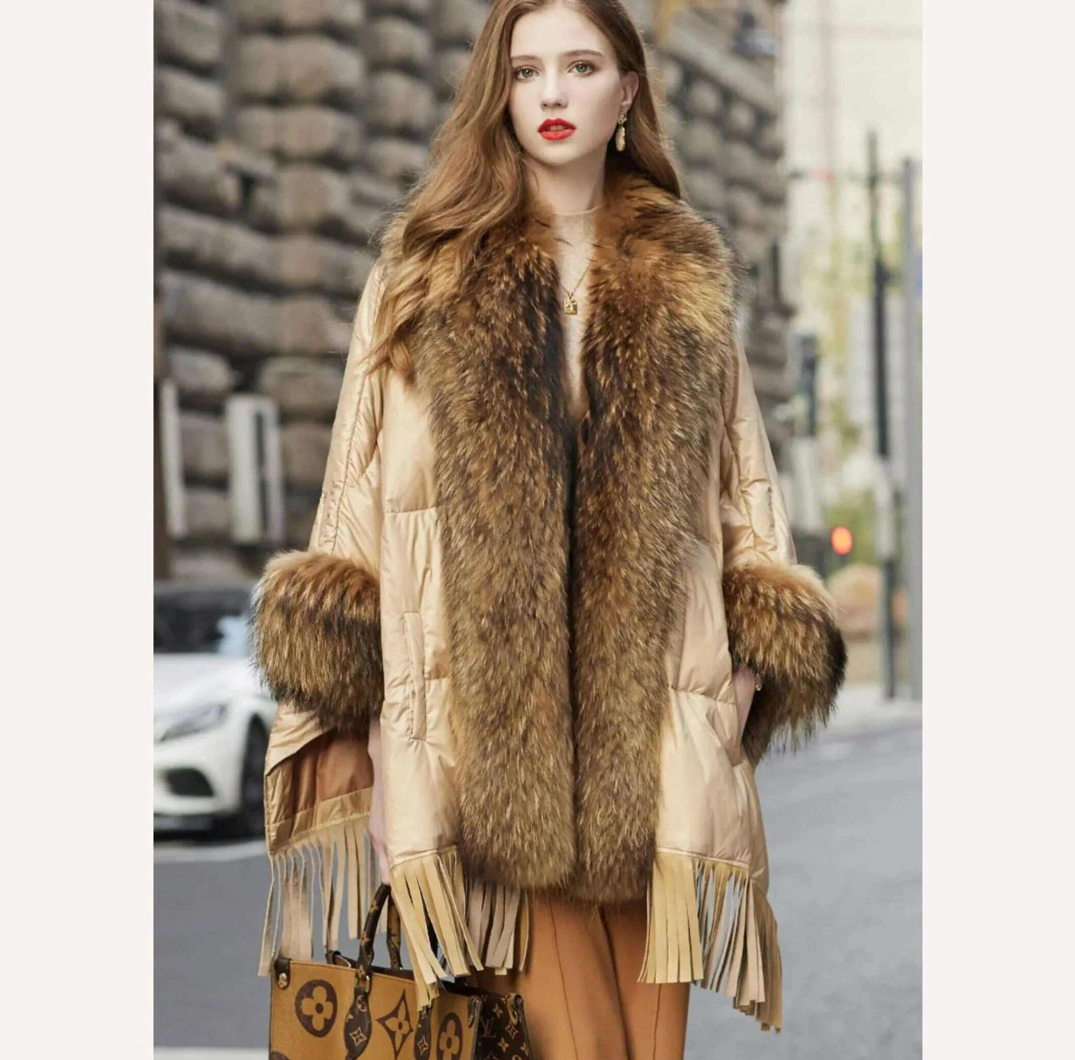 KIMLUD, Hot Sales 2023 European Trend Fashion American Raccoon Fur Coat Fashion Cloak Goose Down Down Coat Women's Winter Jacket, KIMLUD Womens Clothes