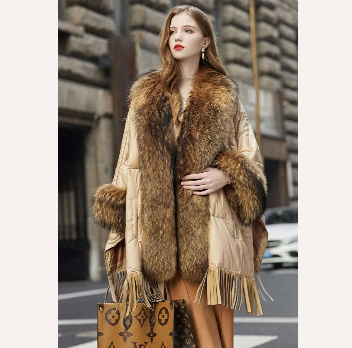 KIMLUD, Hot Sales 2023 European Trend Fashion American Raccoon Fur Coat Fashion Cloak Goose Down Down Coat Women's Winter Jacket, KIMLUD Womens Clothes