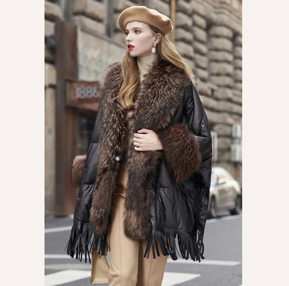 KIMLUD, Hot Sales 2023 European Trend Fashion American Raccoon Fur Coat Fashion Cloak Goose Down Down Coat Women's Winter Jacket, KIMLUD Womens Clothes