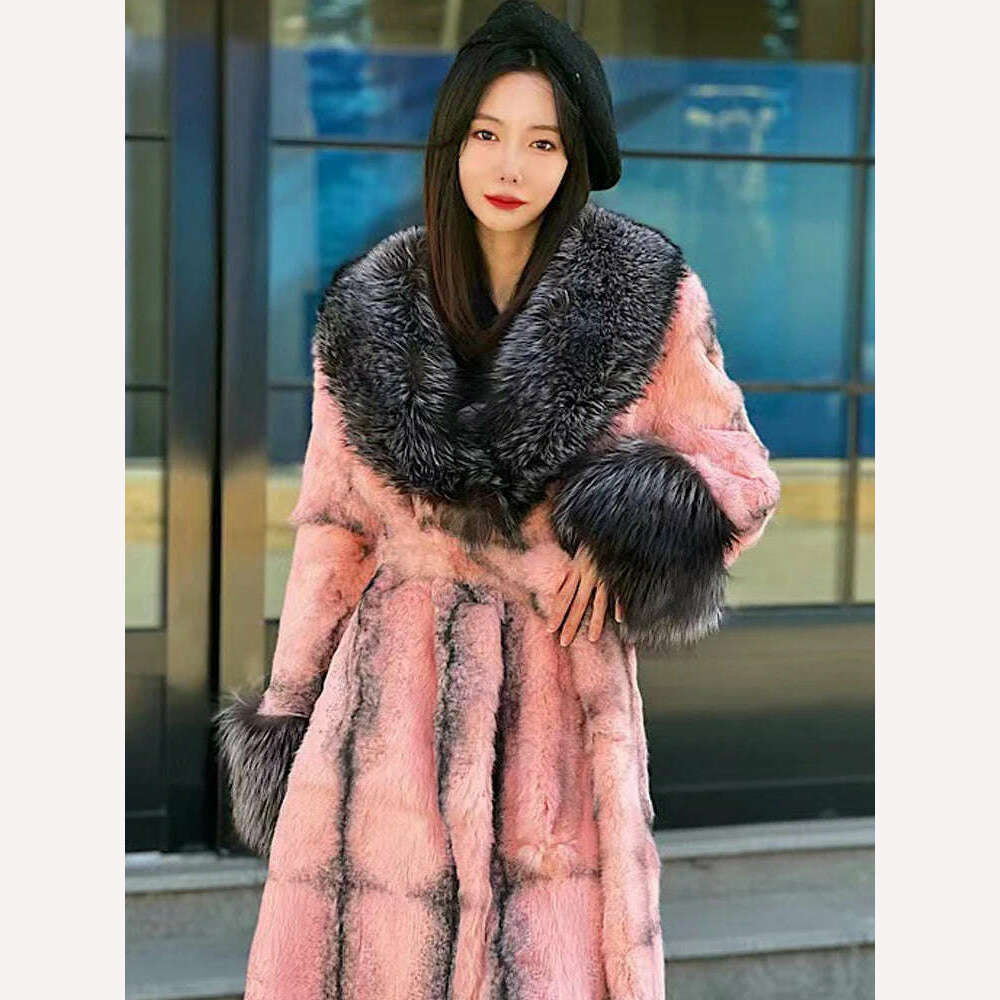 KIMLUD, Hot Sales New Real Rabbit Fur Coat Thick Warm Natural Fur Long Jacket Winter Fox Fur Collar/Cuffs Luxury Fur Belt Fashion Coat, pink / S bust 90cm, KIMLUD Women's Clothes