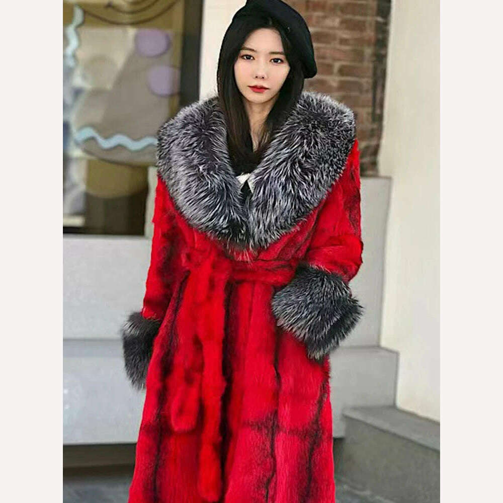 KIMLUD, Hot Sales New Real Rabbit Fur Coat Thick Warm Natural Fur Long Jacket Winter Fox Fur Collar/Cuffs Luxury Fur Belt Fashion Coat, red / S bust 90cm, KIMLUD Women's Clothes