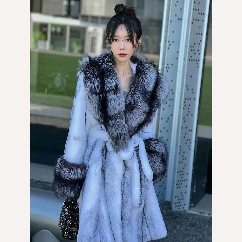 KIMLUD, Hot Sales New Real Rabbit Fur Coat Thick Warm Natural Fur Long Jacket Winter Fox Fur Collar/Cuffs Luxury Fur Belt Fashion Coat, white / S bust 90cm, KIMLUD Women's Clothes