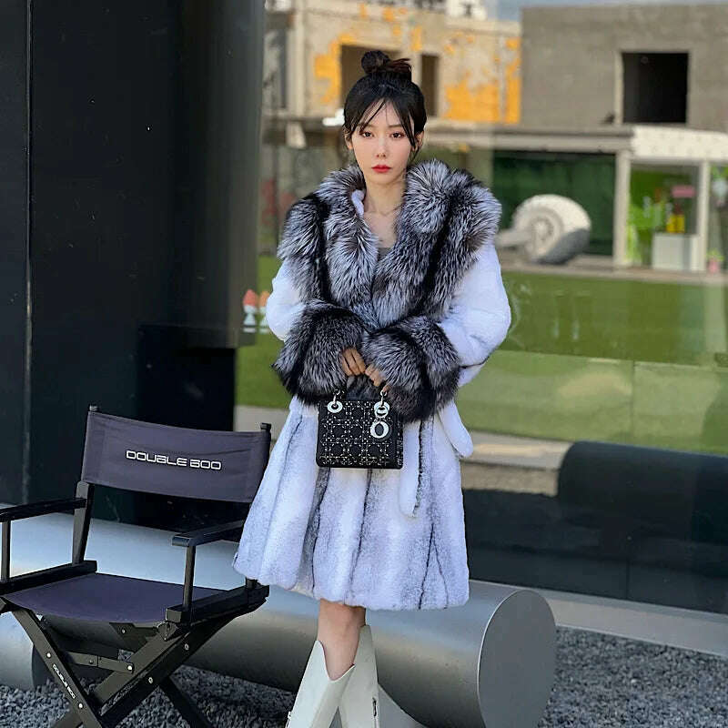 KIMLUD, Hot Sales New Real Rabbit Fur Coat Thick Warm Natural Fur Long Jacket Winter Fox Fur Collar/Cuffs Luxury Fur Belt Fashion Coat, KIMLUD Womens Clothes