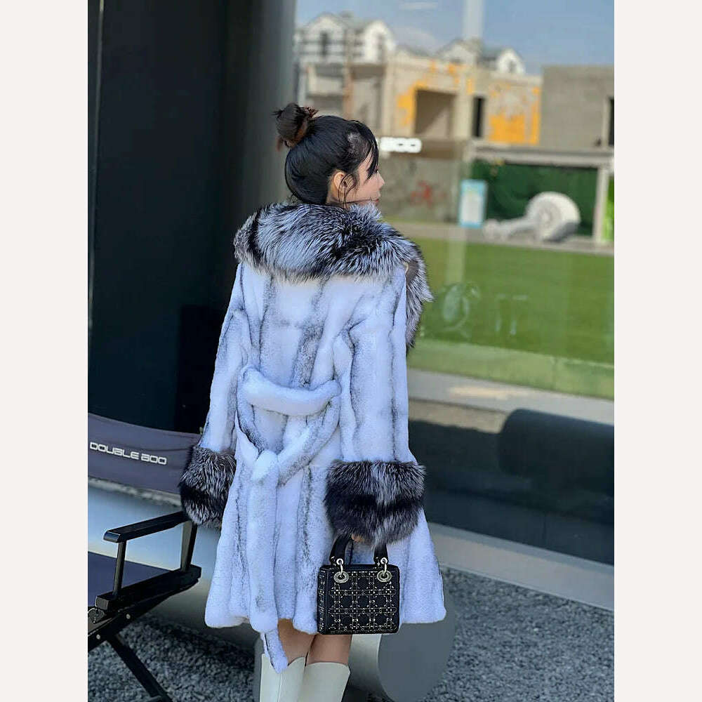 KIMLUD, Hot Sales New Real Rabbit Fur Coat Thick Warm Natural Fur Long Jacket Winter Fox Fur Collar/Cuffs Luxury Fur Belt Fashion Coat, KIMLUD Womens Clothes