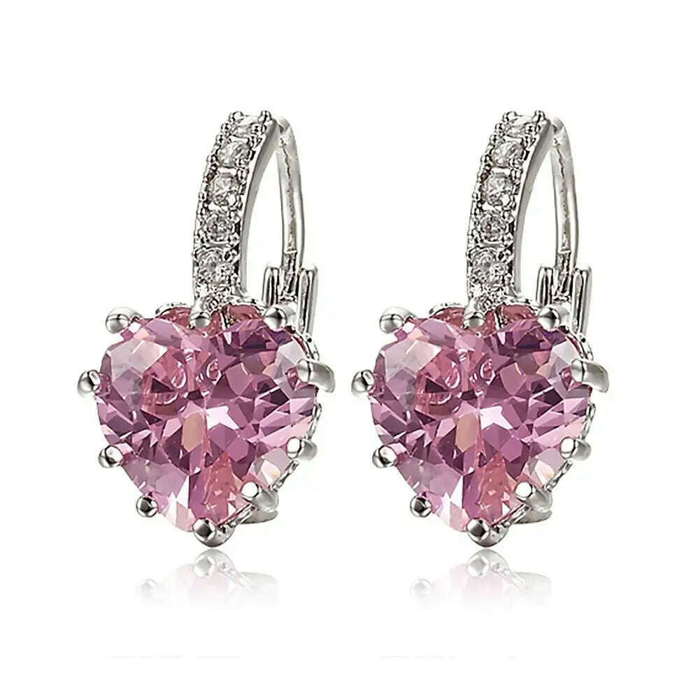 KIMLUD, HOT SALES!!! Women's Luxury Pink Love Heart Rhinestone Gold Plated Leverback Hoop Earrings fashion jewelry accessory 17 x 19mm, KIMLUD Womens Clothes